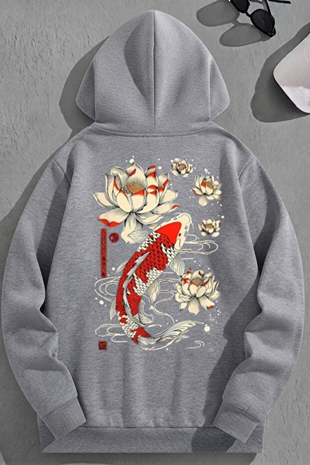 Unisex 3 Thread Cotton Gray Koreafish Print Loose Fit Sweatshirt Hoodie