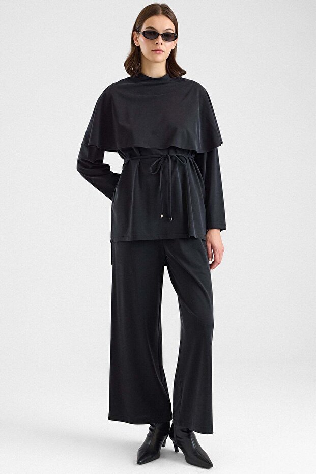 Premium Fabric Tunic Trousers with Shawl Accessories Black 9470-Tk