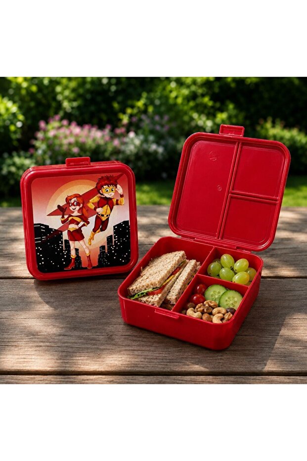 Red, 4-Compartment, 2-Tier Lunch Box with Built-In Fork and Spoon