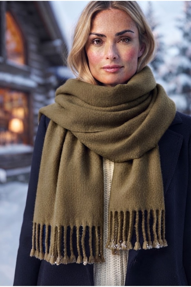 Puffy Soft Textured Thick Tasseled Women's Scarf Oversized Winter Shoulder Shawl Khaki