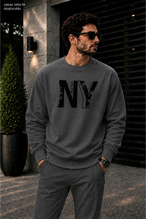 Men's Ny New York City Silhouette Printed Cycling Round Neck Casual Sweatshirt