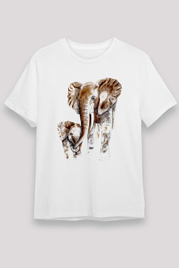 Mother Elephant and Baby Printed Unisex White T-Shirt
