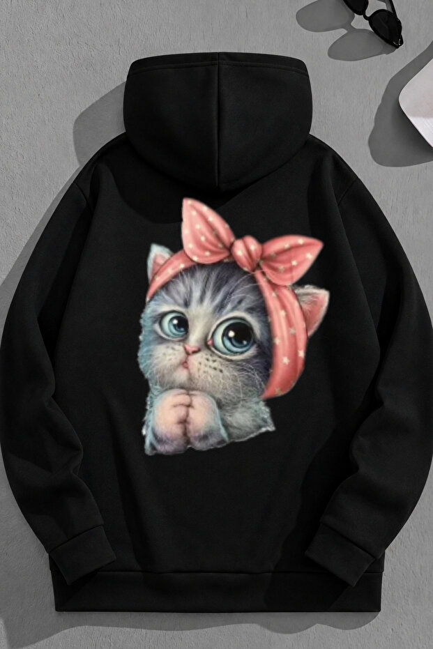 Unisex 3 Thread Cotton Black Little Cat Print Loose Fit Sweatshirt Hoodie