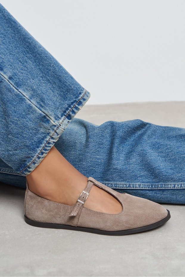 Mabel Dark Beige Suede Leather T-Bar Buckle Detail Closed Toe Flat Sole Women's Ballerinas