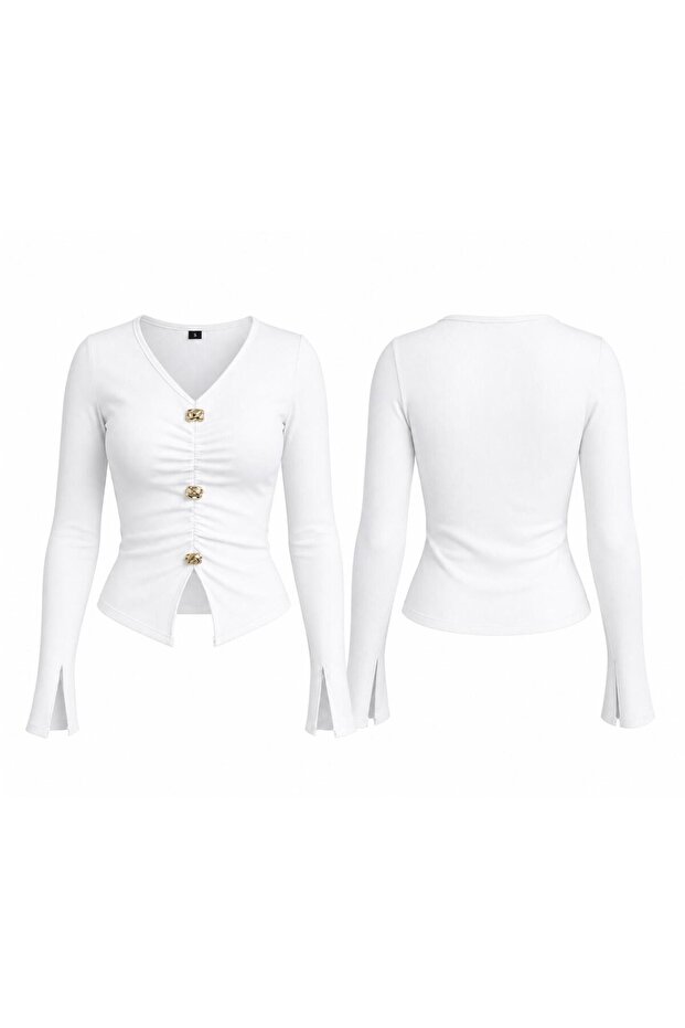 Women's Gathered Accessory Detailed Spanish Sleeve Slit Blouse