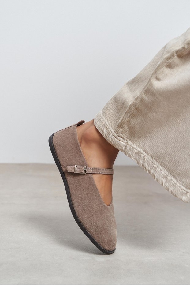Nora Dark Beige Suede Leather Buckle Detail Flat Sole Women's Ballerinas