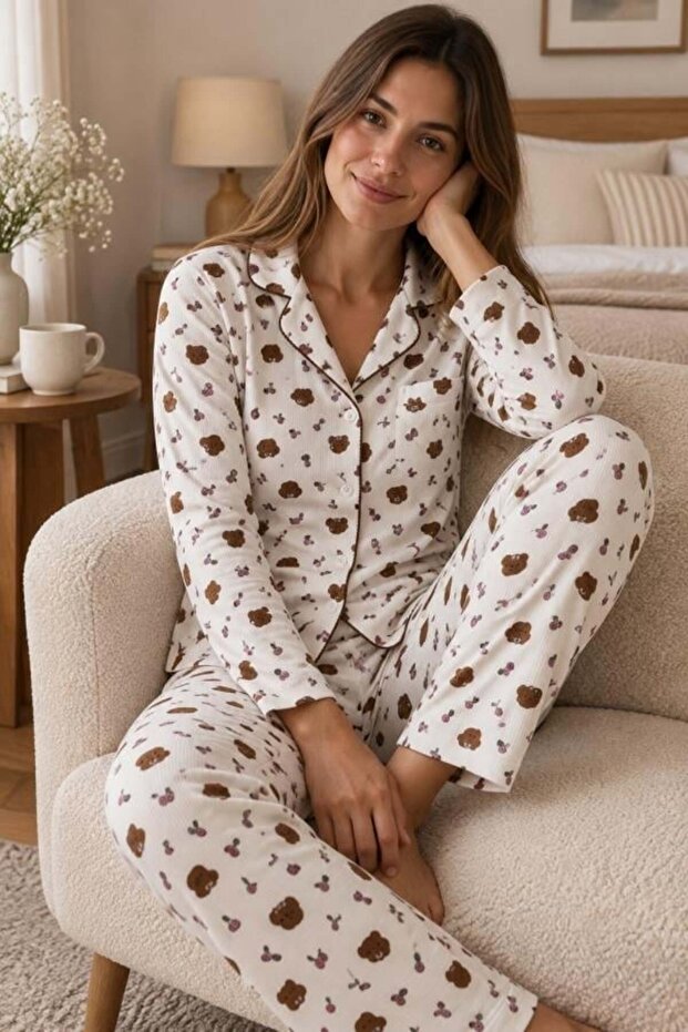 Women's Ecru Teddy Bear Patterned Pajama Set Shirt Collar Two-Piece Set