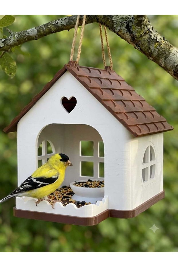 Decorative Garden and Balcony Bird Feeder with Heart Detail, Brown Roofed Bird Nest Feeder