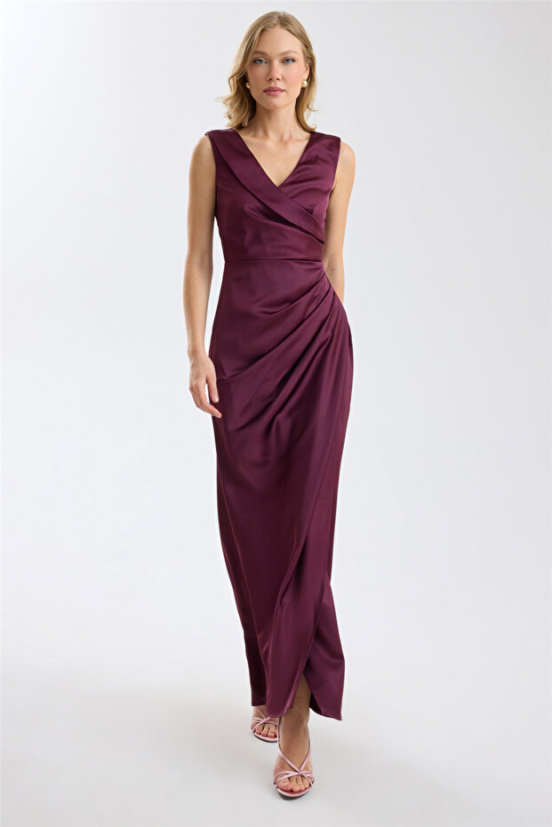 Double V-Neck Satin Double-Breasted Maxi Dress