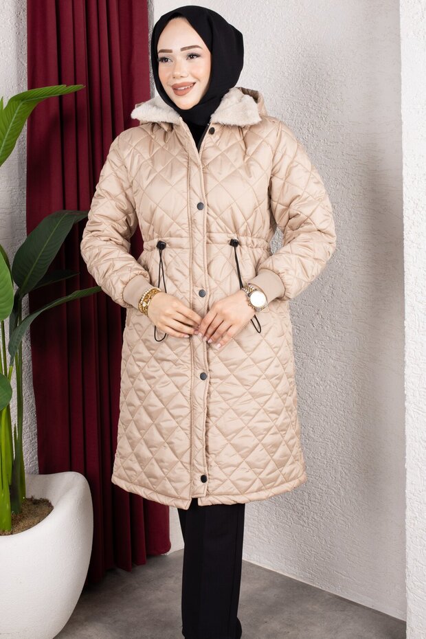 Removable Hooded Fur Collar Lined Women's Quilted Coat - Stone