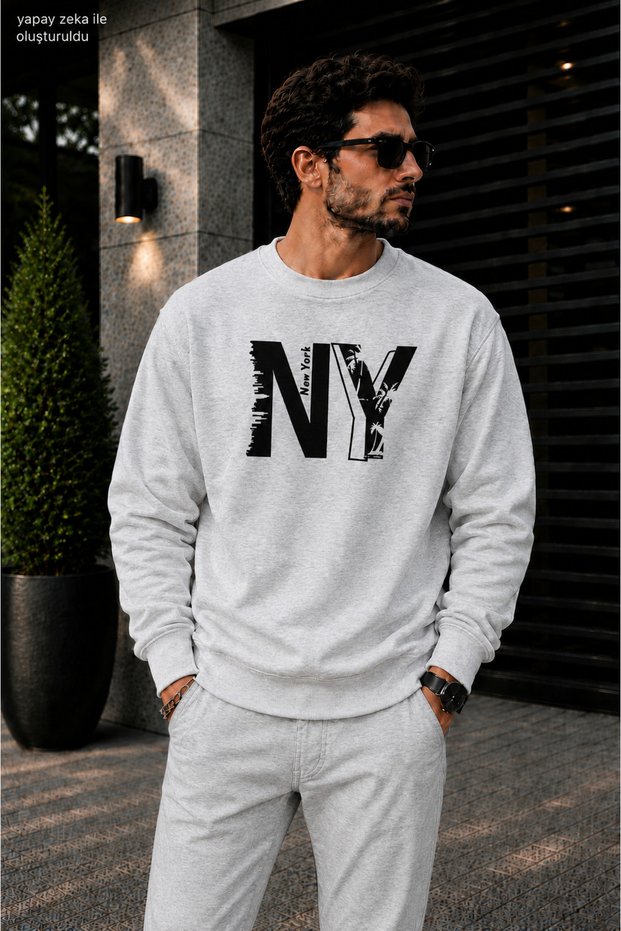 Men's Ny New York City Silhouette Printed Cycling Round Neck Casual Sweatshirt