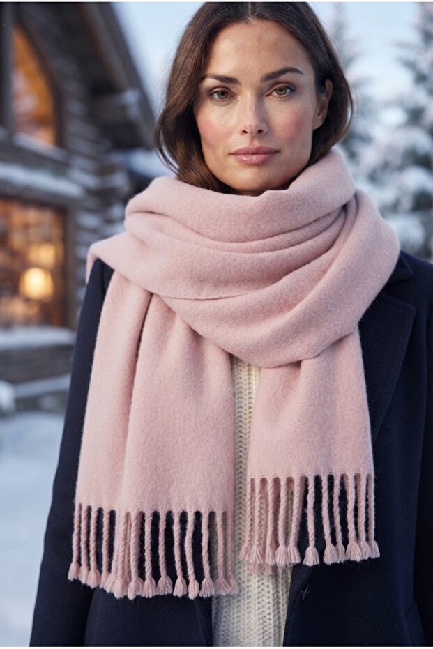 Puffy Soft Textured Thick Tasseled Women's Scarf Oversized Winter Shoulder Shawl Powder