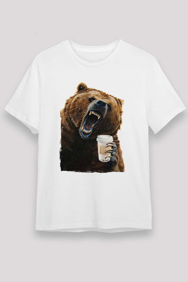 Angry Bear Drinking Coffee Printed White T-Shirt