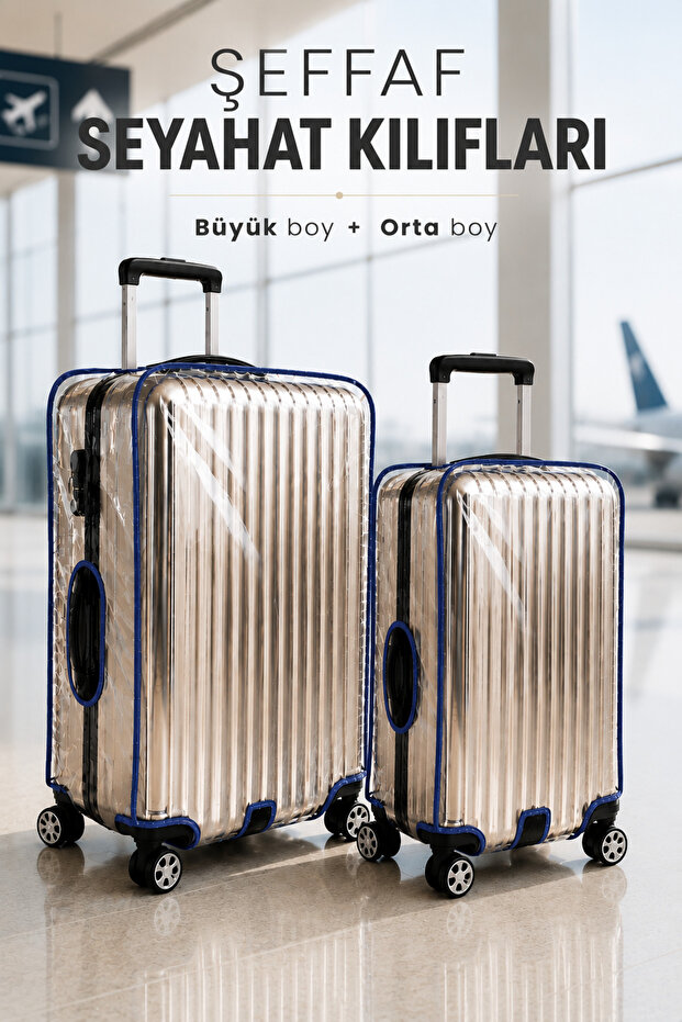 Set of 2 Transparent Pvc Suitcase Covers – Navy Blue Trim, Large and Medium Size Suitcase Protective Covers