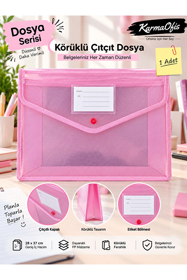 28X37 cm Bellows Snap File – Pp Document Folder with Large Volume Label Sections – Pink
