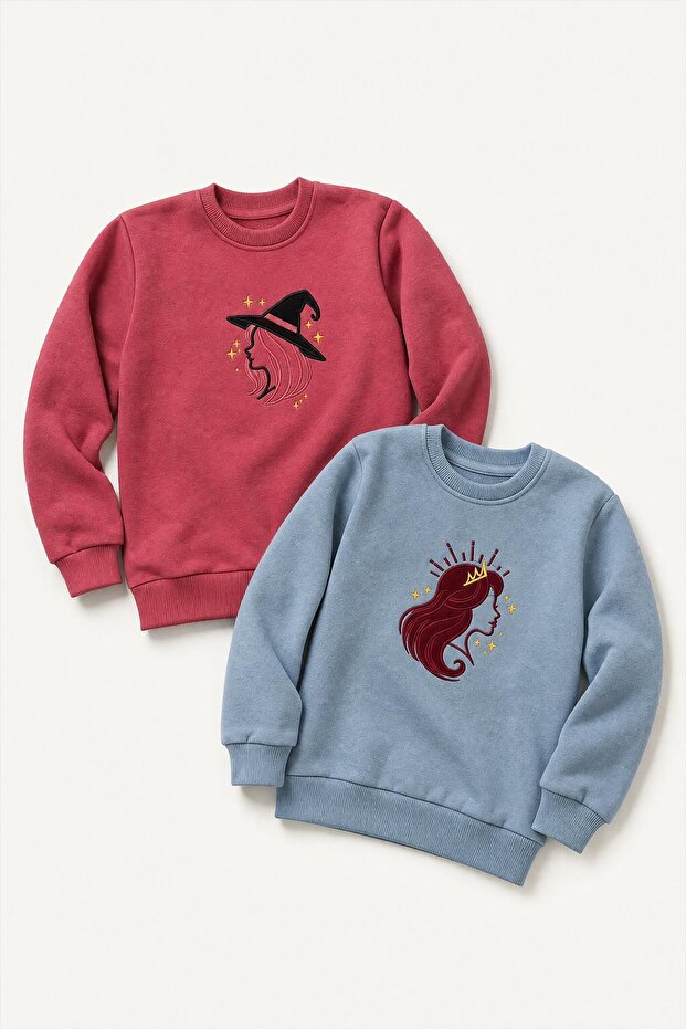 Girl's Appliqued Embroidered Crew Neck 2-Piece Sweatshirt