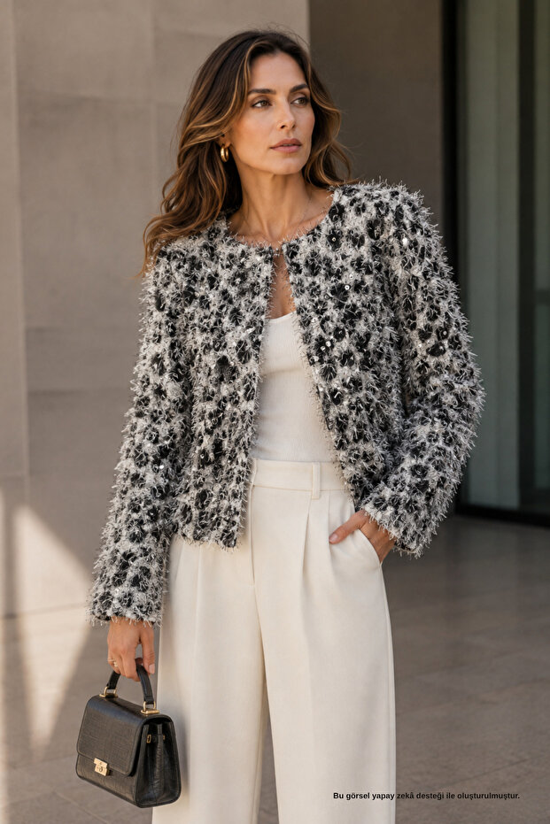 Silver Tweed Jacket with Tassel and Sequin Detailing