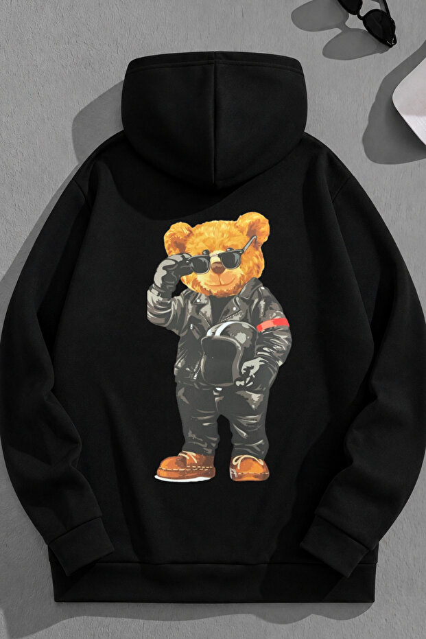 Unisex 3 Thread Cotton Black Biker Bear Print Loose Fit Sweatshirt Hoodie