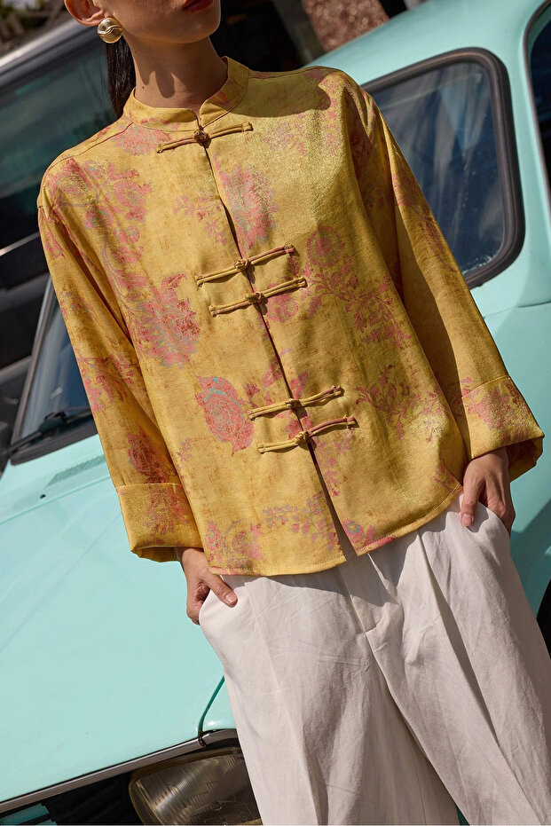 Floral Patterned Fancy Buttoned Shirt-Yellow