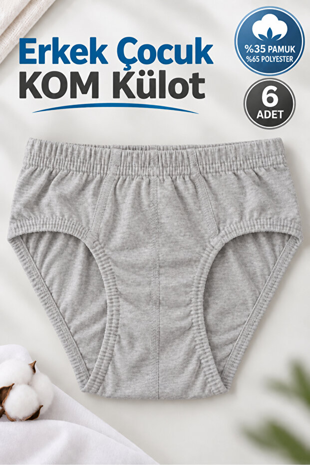 Boy's Kom Underpants 35% Cotton 65% Polyester 0037 (Seher Authorized Seller) 6 Pieces - Gray