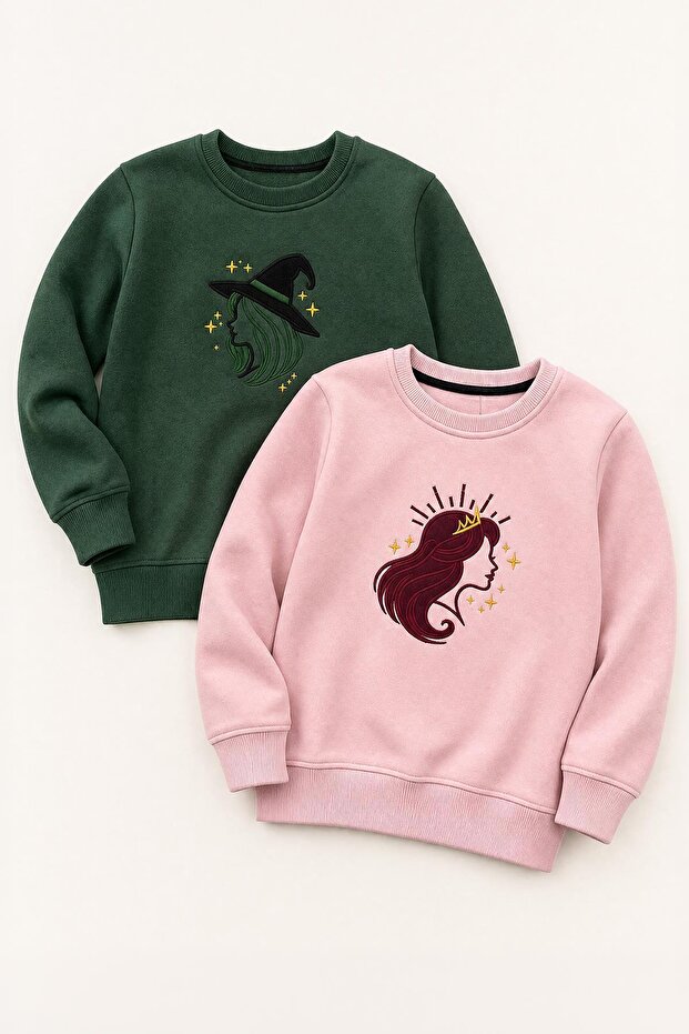 Girl's Appliqued Embroidered Crew Neck 2-Piece Sweatshirt