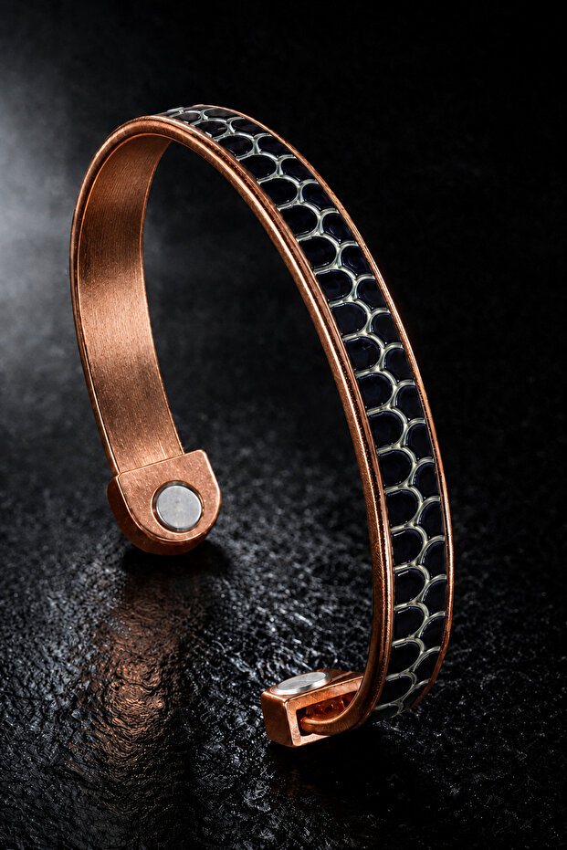 Snake Skin Detailed Double Magnet Pure Copper Men's Bracelet Adjustable Clamp