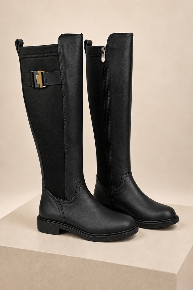 Women's Genuine Leather Riding Boots with Buckle Detail