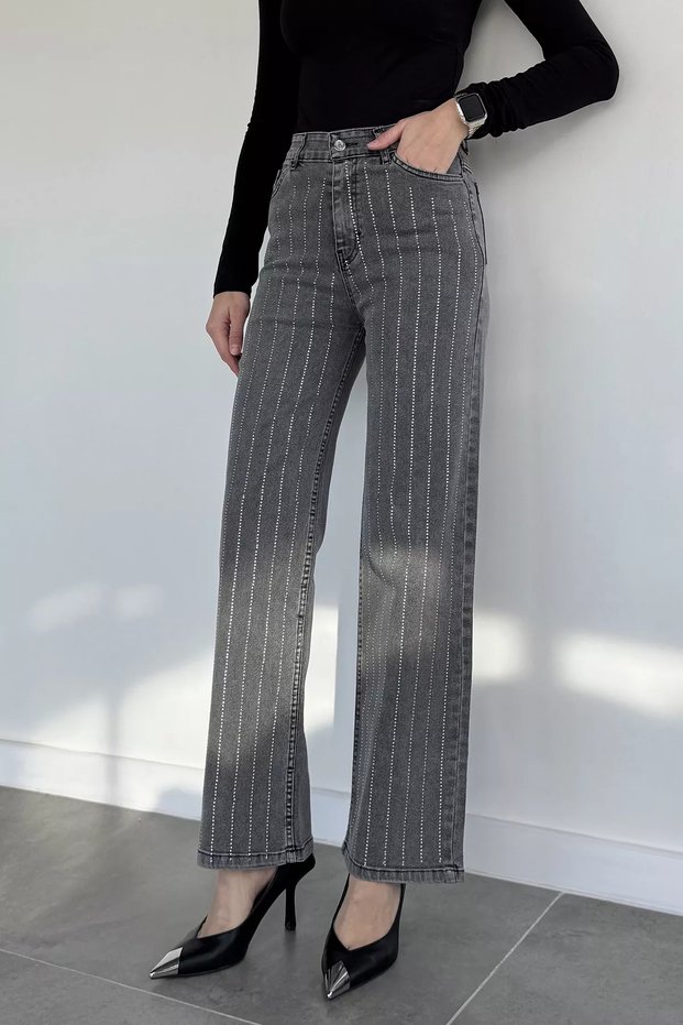 Anthracite High Waist Stone Detailed Palazzo Slim Fit Jeans