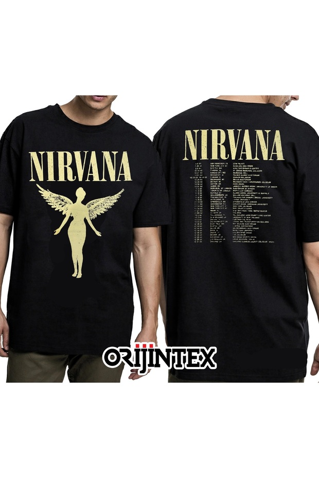 تيشيرت Nirvana In Utero Tour NYC 1993 أسود اللون مطبوع من الأمام والخلف للجنسين