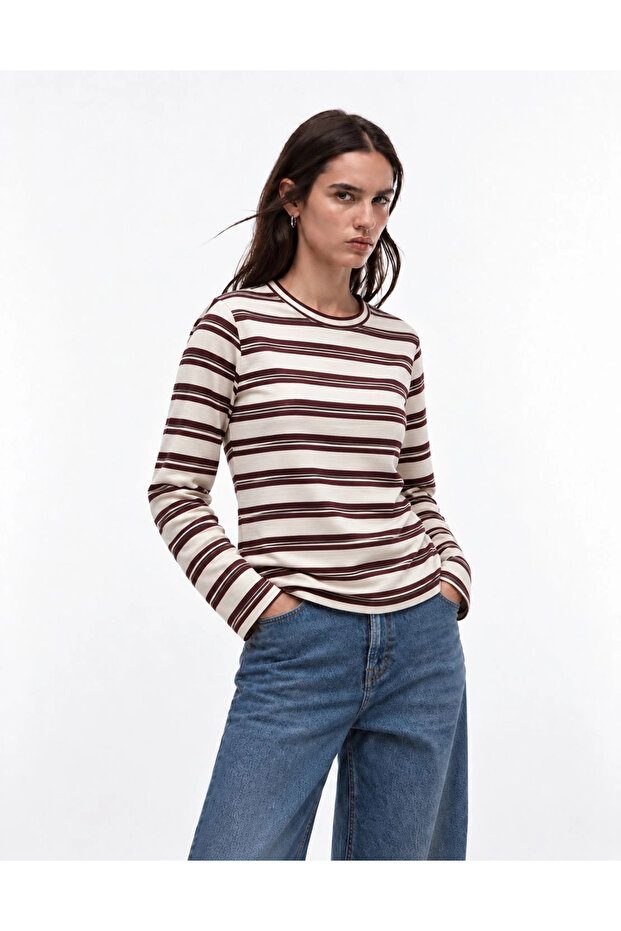 Women's Cream Long Sleeve Striped T-Shirt 0015