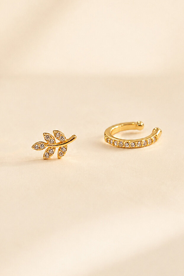 Women's Stone Leaf Branch Model Ear Cuff Earring Set