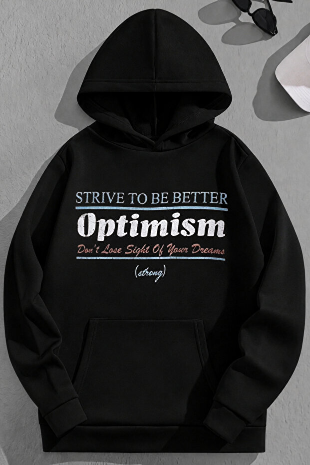 Unisex 3 Thread Cotton Black Optimism Print Loose Fit Sweatshirt Hoodie