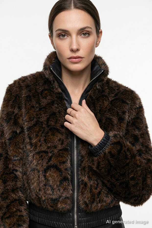 Women's Coat Leopard Patterned Plush Stand Collar Zippered Short Bomber Casual Winter Stylish Model Cc Otw 15373827