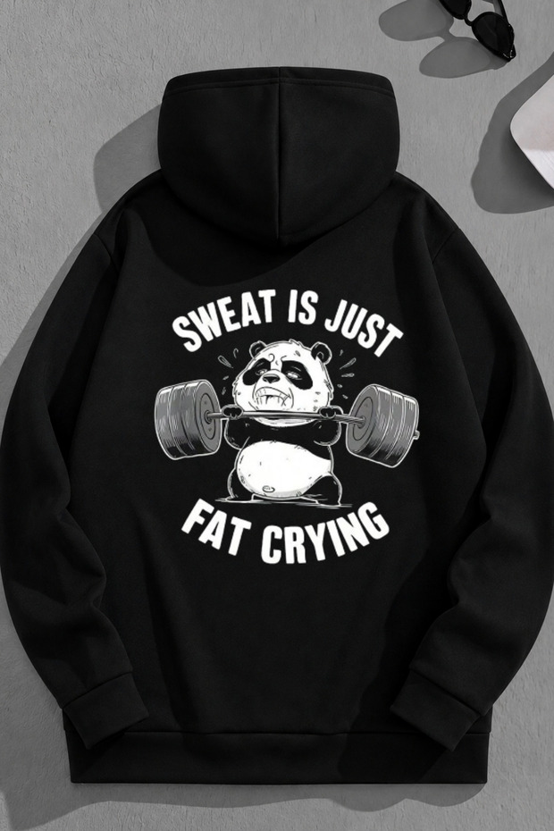 Unisex 3 Thread Cotton Black Fatcrying Print Loose Fit Sweatshirt Hoodie
