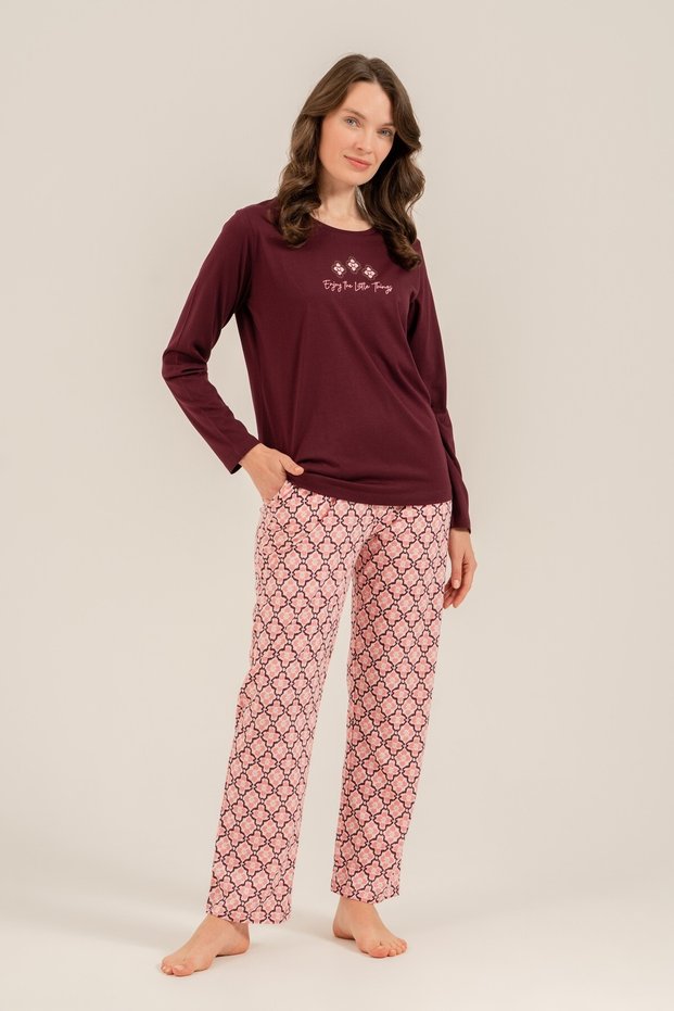 Women's plum pajama set, round neck, pocket detailed 50% cotton 50% modal fabric,