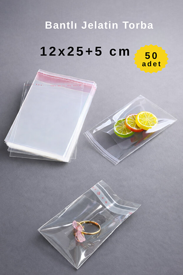 12X25+5 cm Transparent Cpp Gelatin Bag with Tape - 50 Pieces - Durable Tear-Resistant Packaging Bag with Tape