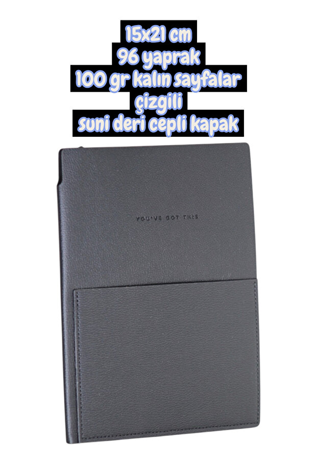 15x21 cm, 96 sheets, 100 gr thick lined pages, faux leather pocket cover notebook.