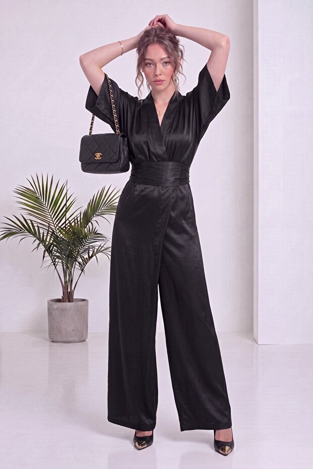 Women's Double-Breasted Satin Belted Evening Dress Jumpsuit Black, Beige