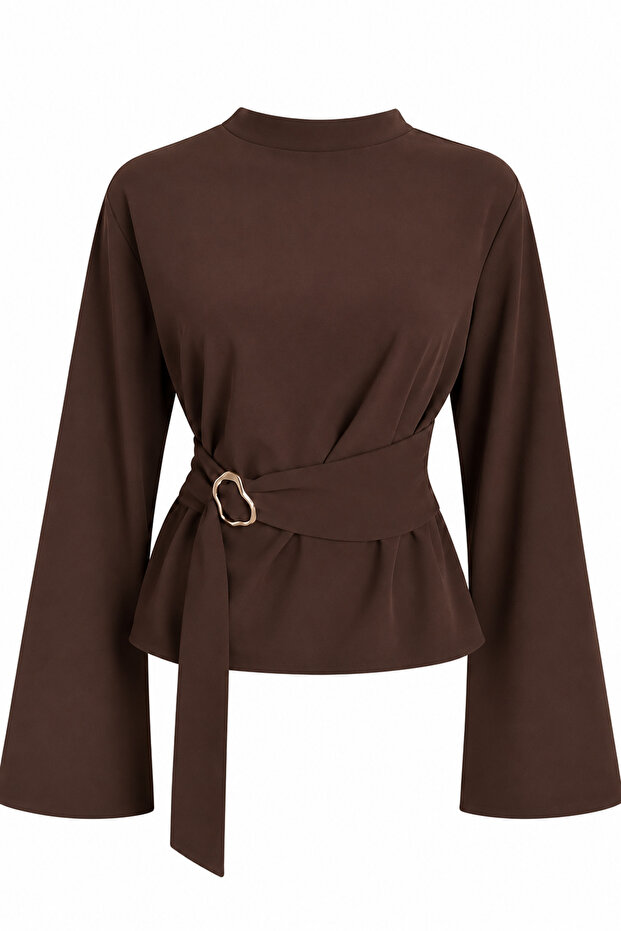 Half Turtleneck Draped Belt Buckle Wide Sleeve Brown Blouse