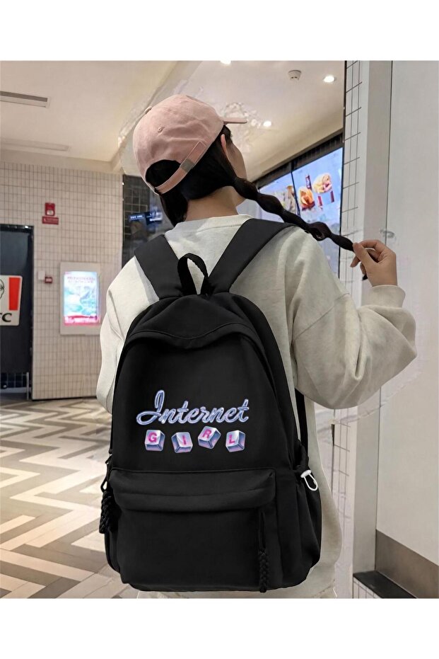 Black Internet Girl Printed School, Class, Course Backpack