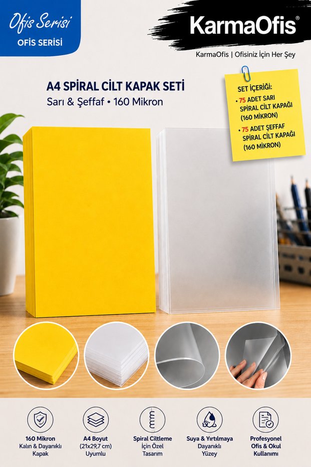 A4 Spiral Binding Cover Set 160 Micron β Yellow Colored and Transparent Binding Covers 50 Pieces Each