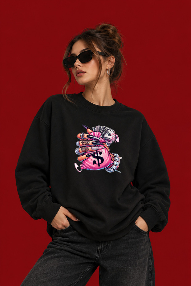 Women's Black Oversize Sweatshirt with Money Bag Print, Crew Neck Streetwear