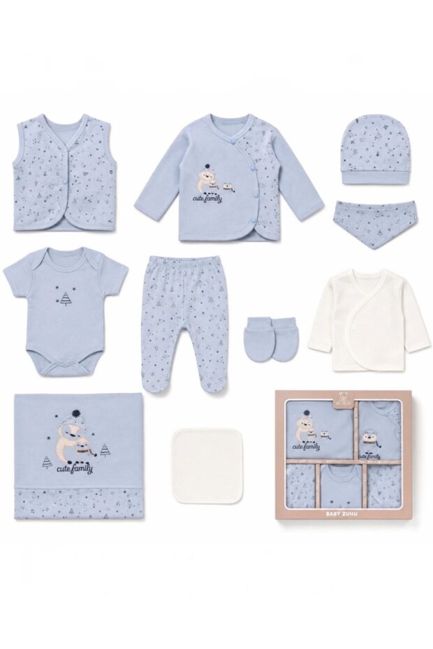 Baby Boy Newborn Waffle Fabric Detailed Penguin Embroidered 10 Piece Hospital Discharge Bodysuit Set