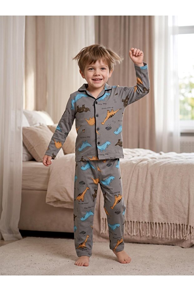 Boy's Patterned Front Buttoned Long Sleeve Pajama Set