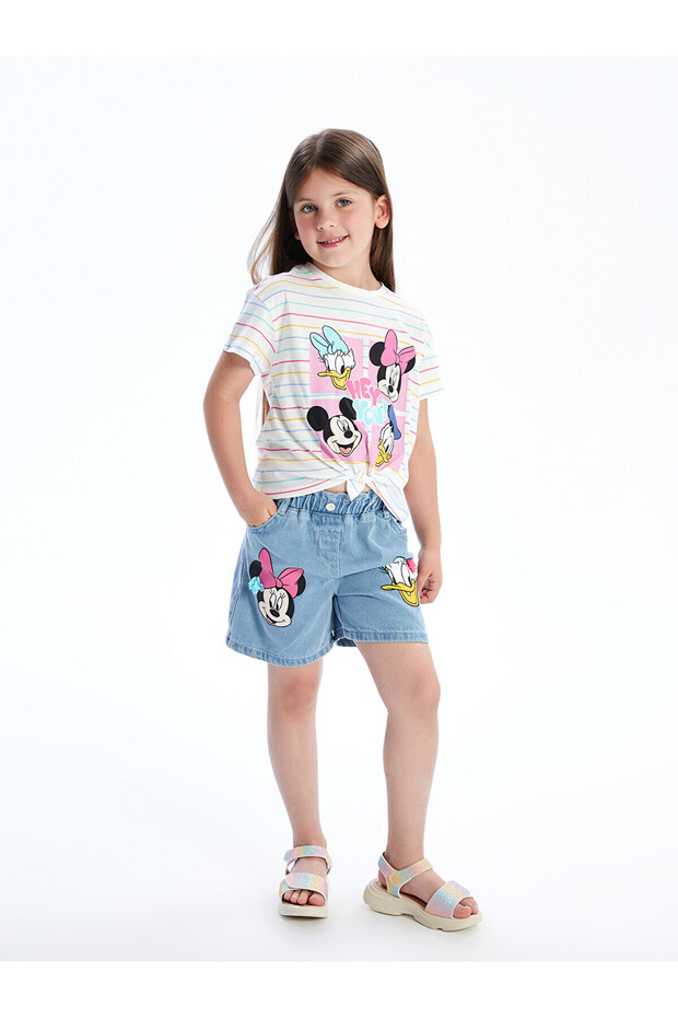 Trendlucky Minnie Mouse Printed Baby Girl Jean Shorts with Elastic Waist with Difference in Color