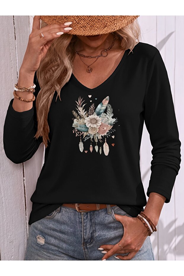 Mix Printed Women's Cotton Long Sleeve V-Neck T-Shirt