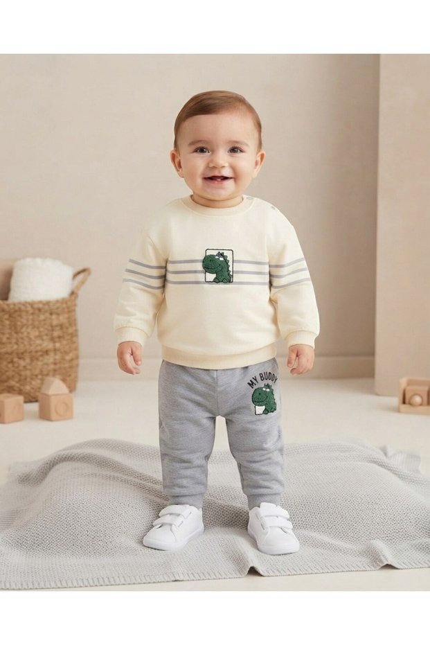 Baby Boy Seasonal Dinosaur Printed 2-Piece Baby Set with Striped Detailed Gray Pants