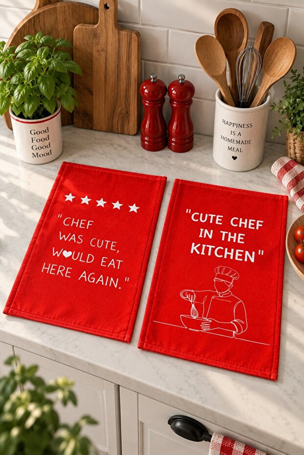 Set of 2 Red Kitchen Towels – Decorative Kitchen Cloths with Chef-Themed Text Prints