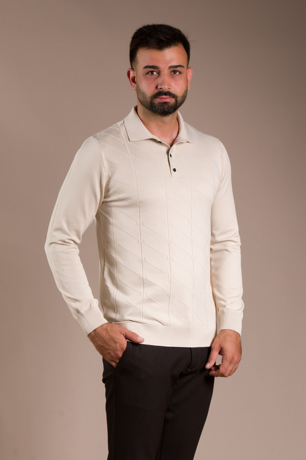 Men's Beige Patterned Polo Collar Knitwear