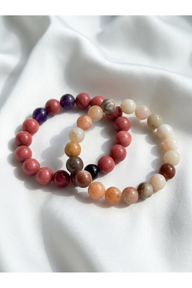 Natural Rhodonite, Amethyst, and Mixed Agate/Jasper 2-Piece Bracelet Set